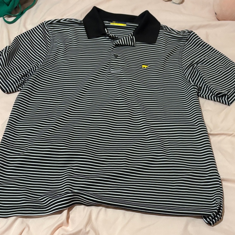 Striped Black and White Polo with Yellow Logo